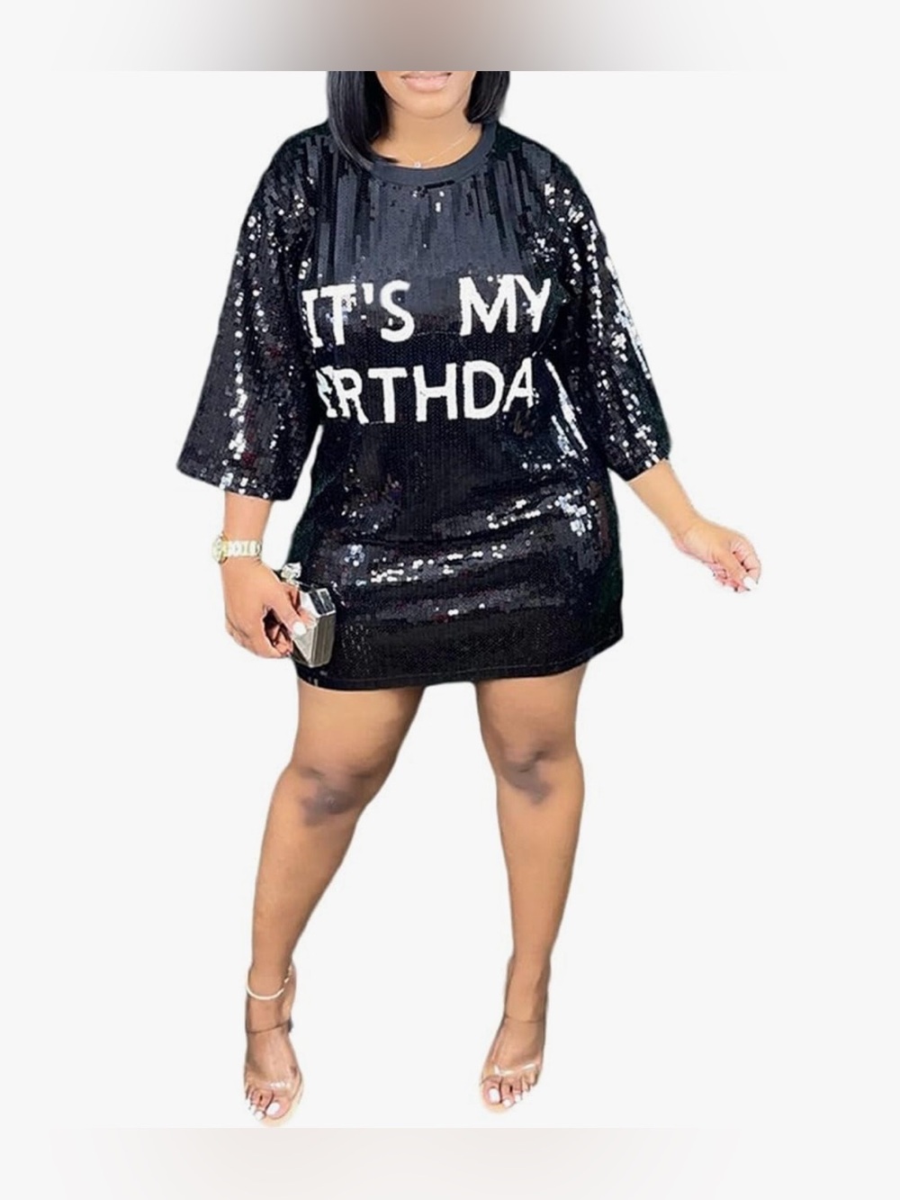Black Sequin Mini Dress with Birthday Slogan